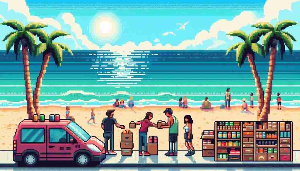 pixel art of food bank on the beach, with palm trees