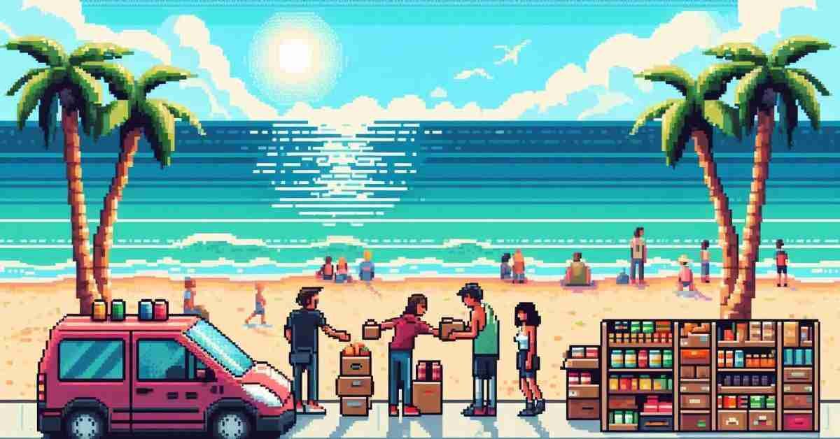 pixel art of food bank on the beach, with palm trees