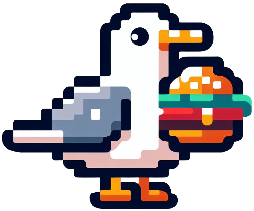 cartoon seagull pixel logo, with burger