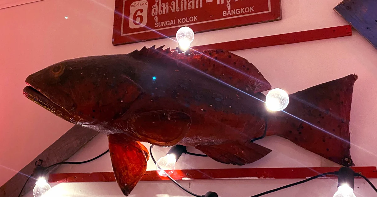a wall decoration of a large red snapper fish with light bulbs on it