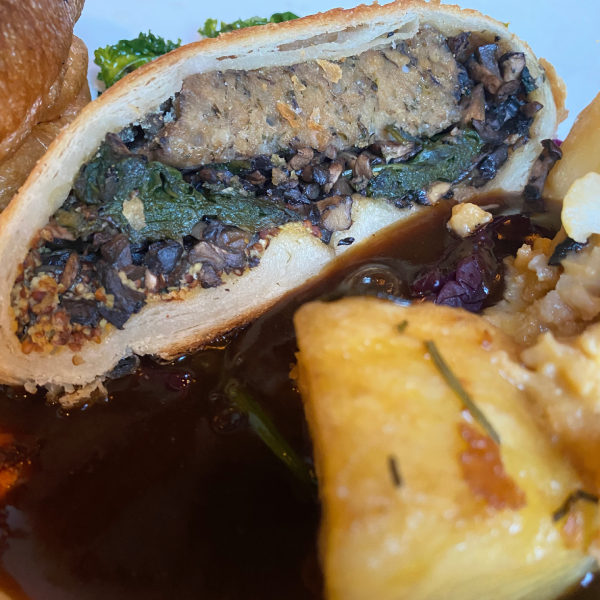 Close up, inside of a roast vegetarian wellington