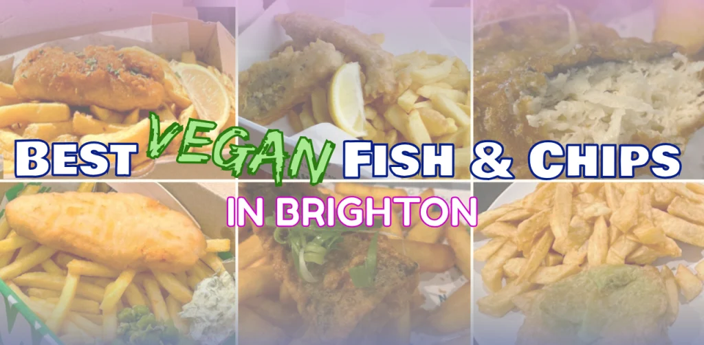 collage of vegan fish and chips with word art