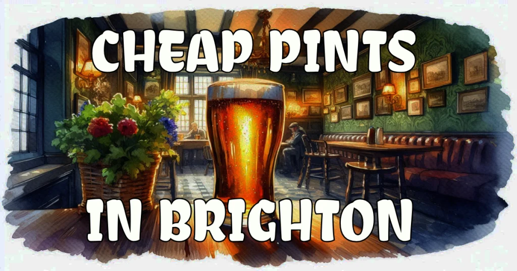 a watercolour painting of a pub interior, with bold word art 'cheap pints in brighton'