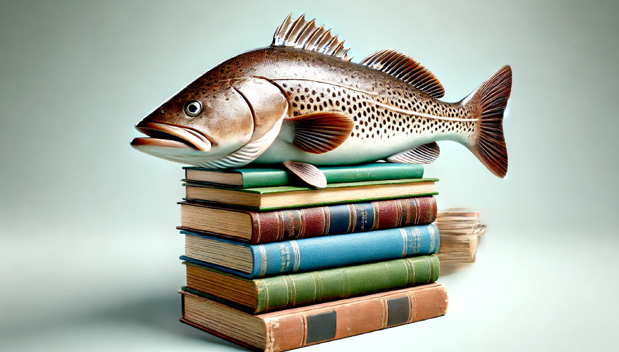 A humorous image of a cod fish, on top of a stack of books