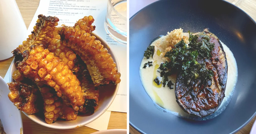 two images combined, a bowl of multiple mini sweetcorn ribs on the left, and charred aubergine in a pale yellow sauce on the right, with greens on top