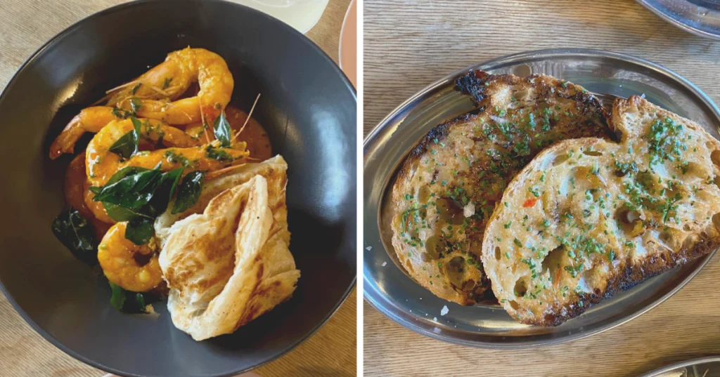 a combined image, a grey bowl with large prawns and bread on the left, and 2 slices of sourdough toast on the right, covered in greens and peppered toppings