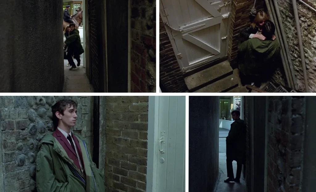 4 still images from the Quadrophenia film. Featuring a dark alleyway